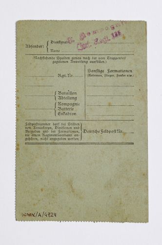 Powiadomienie o śmierci żołnierza przesłane pocztą polową armii pruskiej, 1917